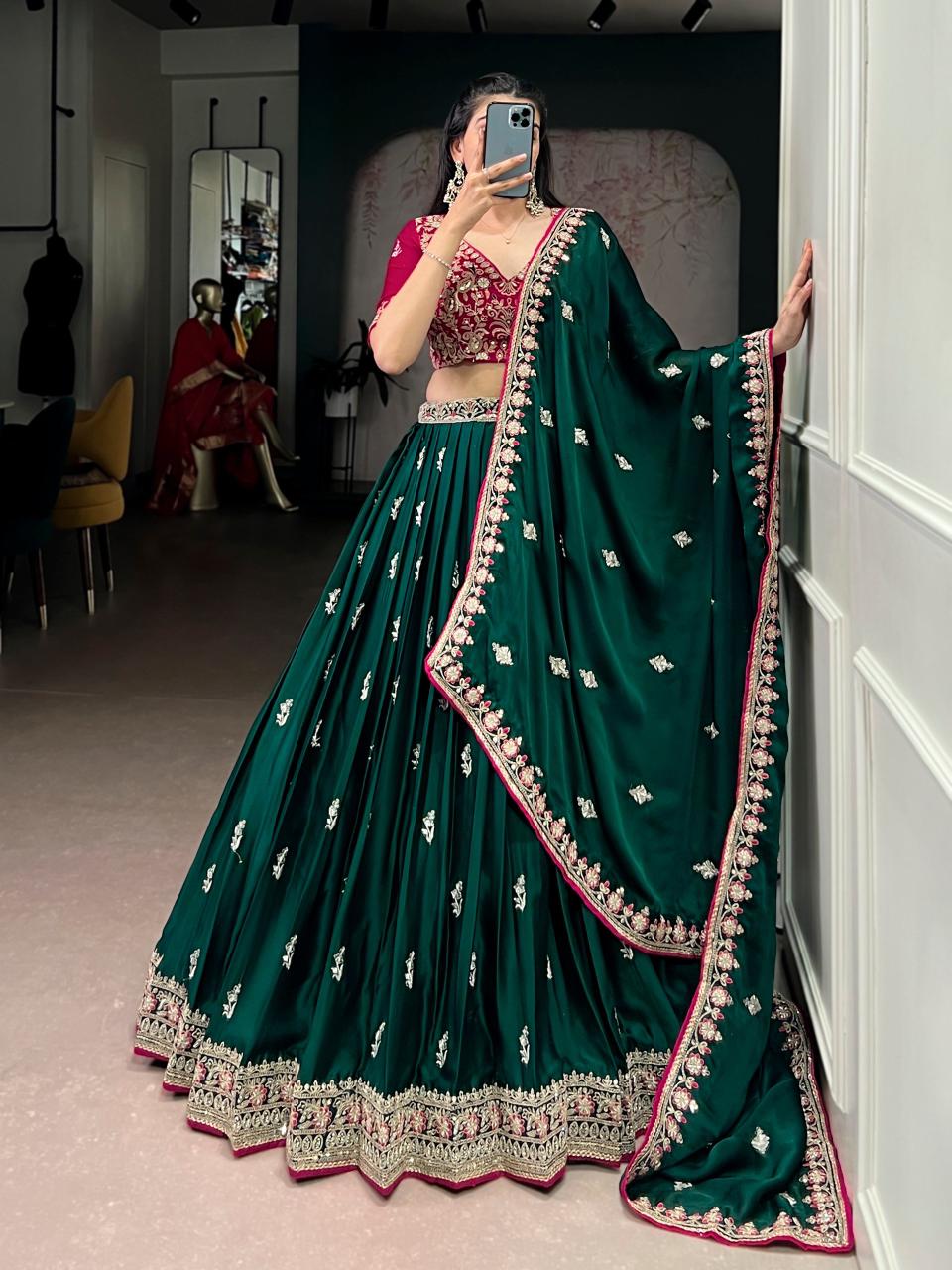 Marble Silk Lehenga Choli – 12 Meter Ultra-Flare with Gota Patti Lace & Bandhej Print Blouse