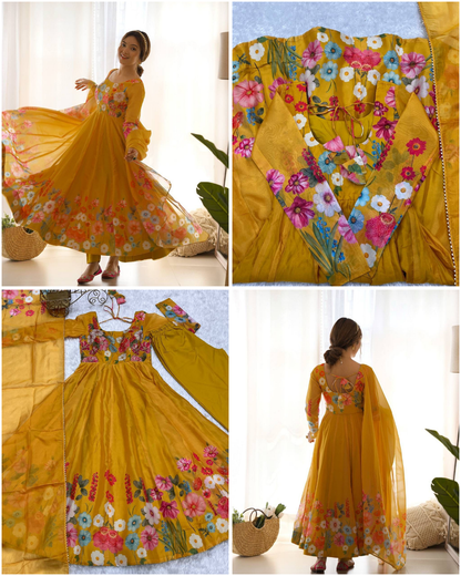 Floral Organza Silk Anarkali Set – Badla Jari Handwork & Kali Cut Gown in 7 Festive Colors