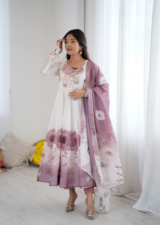 Onion Pink Floral Organza Anarkali Set – Badla Jari Handwork & Kali Cut Gown with Gota Patti Dupatta