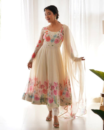Floral Organza Silk Anarkali Set – Badla Jari Handwork & Kali Cut Gown in 7 Festive Colors