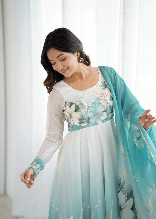 Aqua Blue Floral Organza Anarkali Set – Hand-Detailed Badla Jari Gown with 4m Kali Flare & Gota Patti Dupatta
