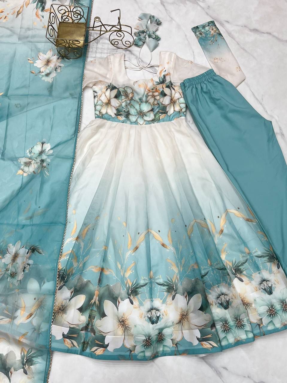 Aqua Blue Floral Organza Anarkali Set – Hand-Detailed Badla Jari Gown with 4m Kali Flare & Gota Patti Dupatta