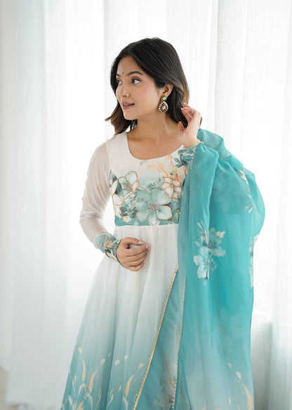 Aqua Blue Floral Organza Anarkali Set – Hand-Detailed Badla Jari Gown with 4m Kali Flare & Gota Patti Dupatta