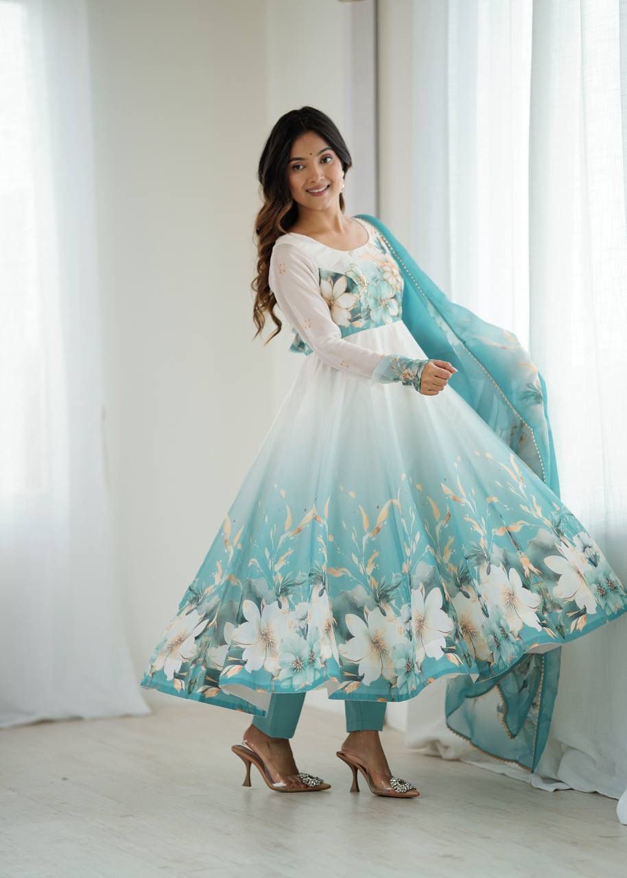 Aqua Blue Floral Organza Anarkali Set – Hand-Detailed Badla Jari Gown with 4m Kali Flare & Gota Patti Dupatta