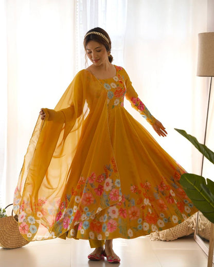 Floral Organza Silk Anarkali Set – Badla Jari Handwork & Kali Cut Gown in 7 Festive Colors