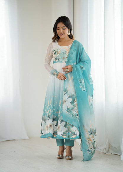 Aqua Blue Floral Organza Anarkali Set – Hand-Detailed Badla Jari Gown with 4m Kali Flare & Gota Patti Dupatta